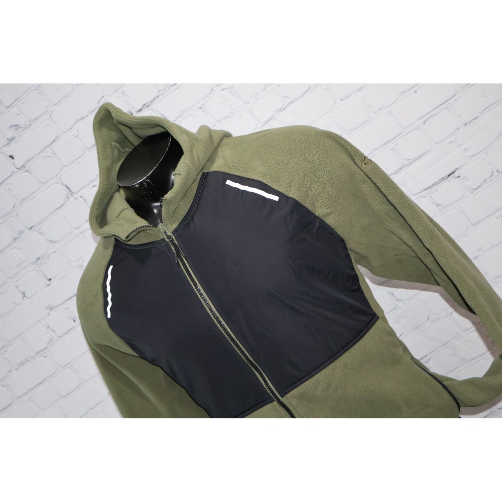 ASICS Fleece Hoodie Mens Large Green Black Full Zip Reflective Hybrid Jacket